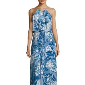 BCBG Max Azria Janisa Ruffle Maxi Dress Blue Keyhole Chiffon Size Medium
